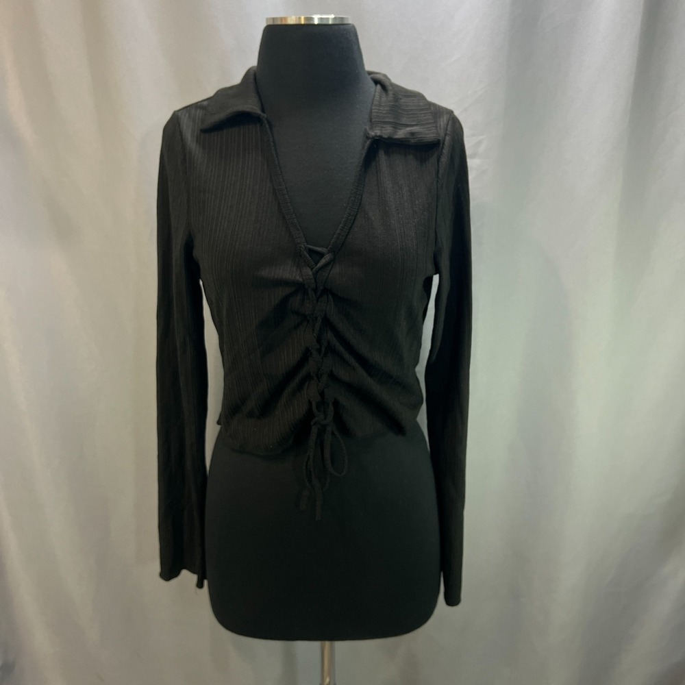 Liberty Love Cropped Top Womens XL Black Stretch Gathered Front Drawstring Tie